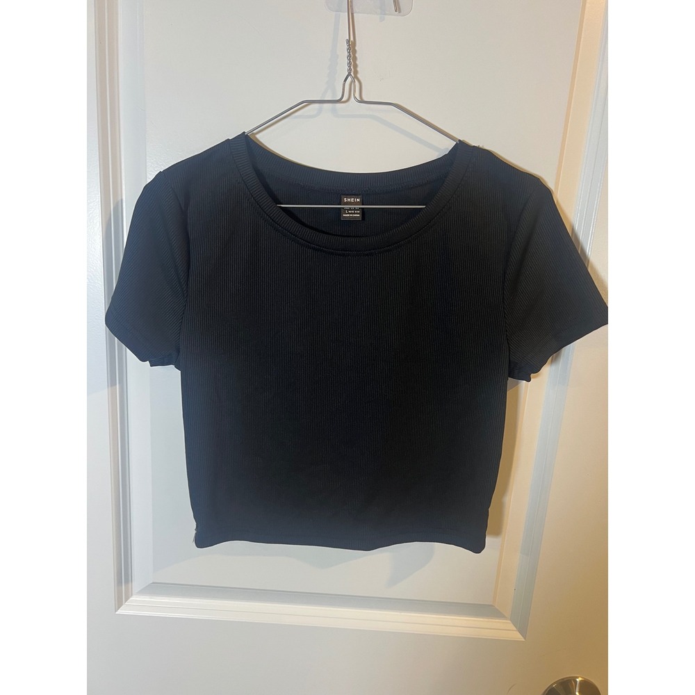 SHEIN Womens Crop Top Ribbed Knit Black Size L
